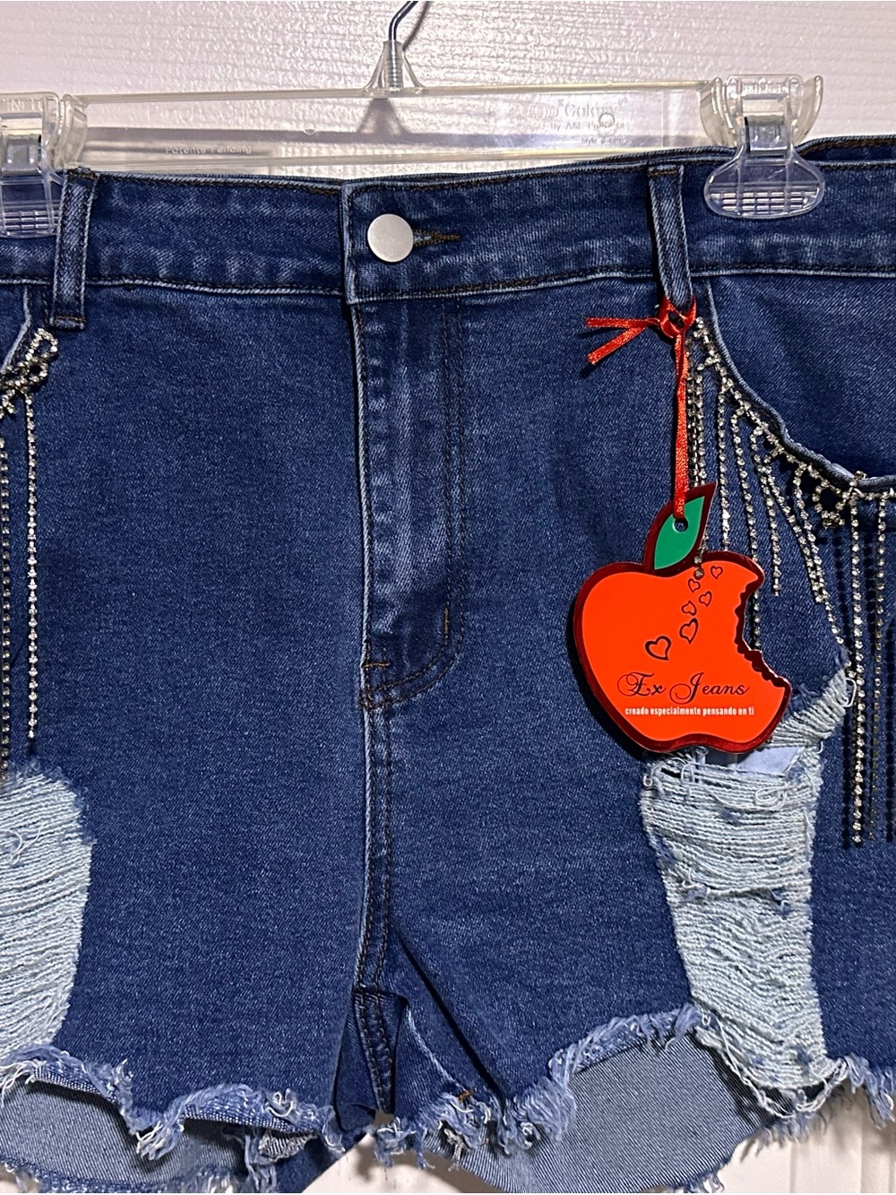 Sexy High-Rise Dark Blue Distressed Jean Shorts with Rhinestone Trim